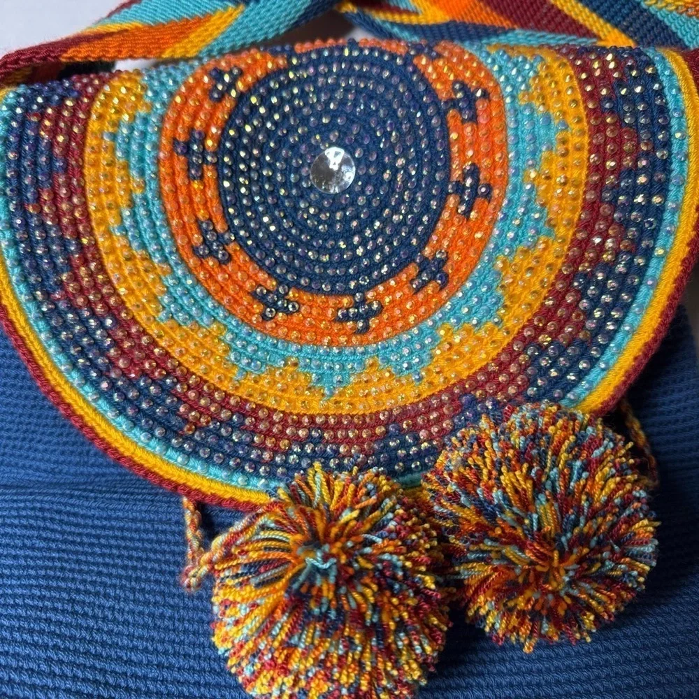 Wayuu Crystal Medallion Crochet Pom Pom Bag Flap Top